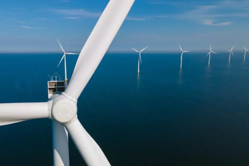 Fehér szélturbinák tengeren, generátor